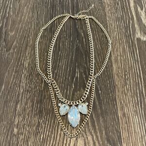 Double Gold Chain Necklace with 3 Large Clear Rhinestones